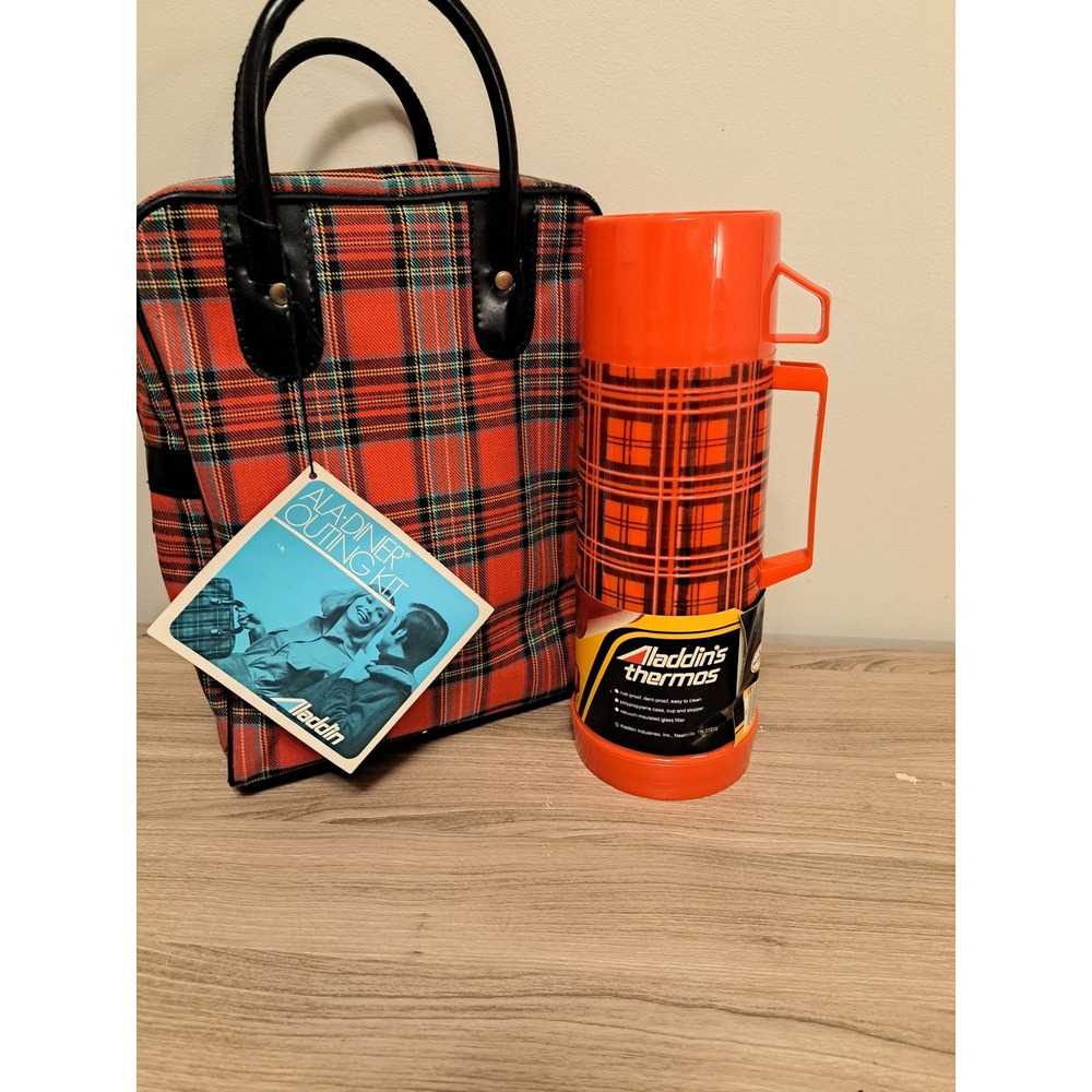 Aladdin Outing Kit Red Plaid Lunchbox Thermos Box Vintage Retro Picnic